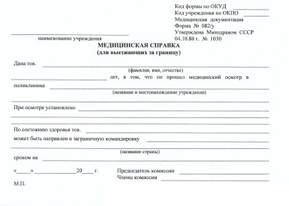 Справка для выезда за границу (форма 082/у)
